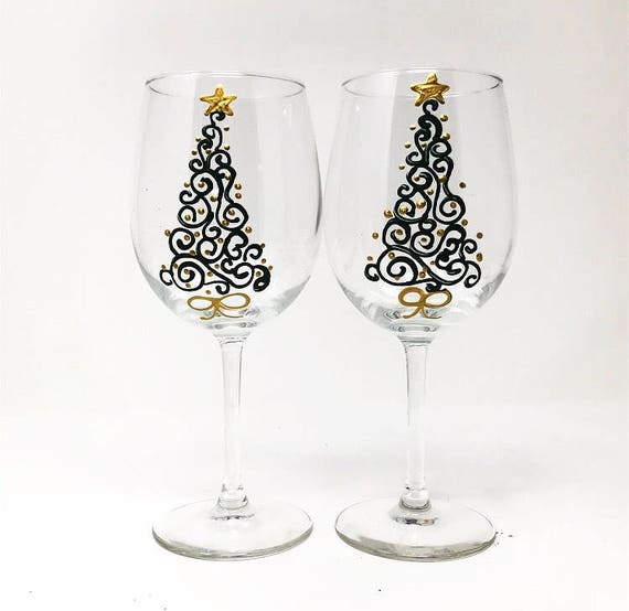 Hand Painted Christmas Wine Glasses Set Of 2 Christmas Tree Etsy