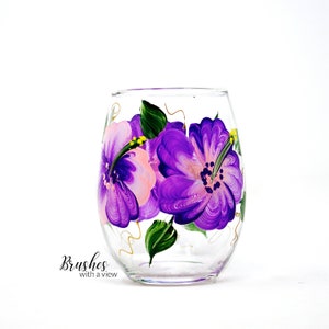 Purple Hibiscus Flower Hand Painted Stemless Wine Glass, Floral Wine Glass, Gifts for her Summer Decor, Gardener Lover Gift 15 oz wine glass