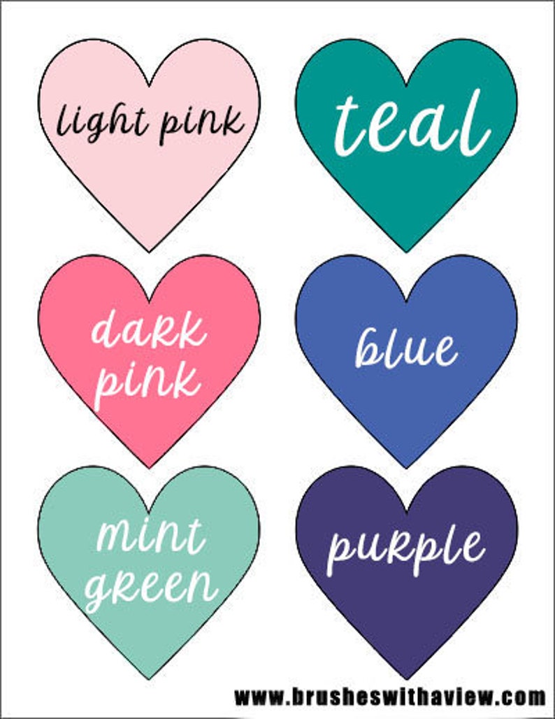 May include: Six heart-shaped color swatches with the names of the colors written in white text. The colors are light pink, teal, dark pink, blue, mint green, and purple.