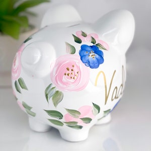 Hand Painted Elephant Piggy Bank with Light Pink and Navy Flowers, 1st Birthday Gift For Baby Girl Personalized Nursery Decor image 5