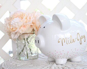 Large Painted Piggy Bank, Baby Girl Gift, Personalized Piggy Bank for Girls, Baby Girl Baby Shower Gift, 1st Birthday Gift Girls
