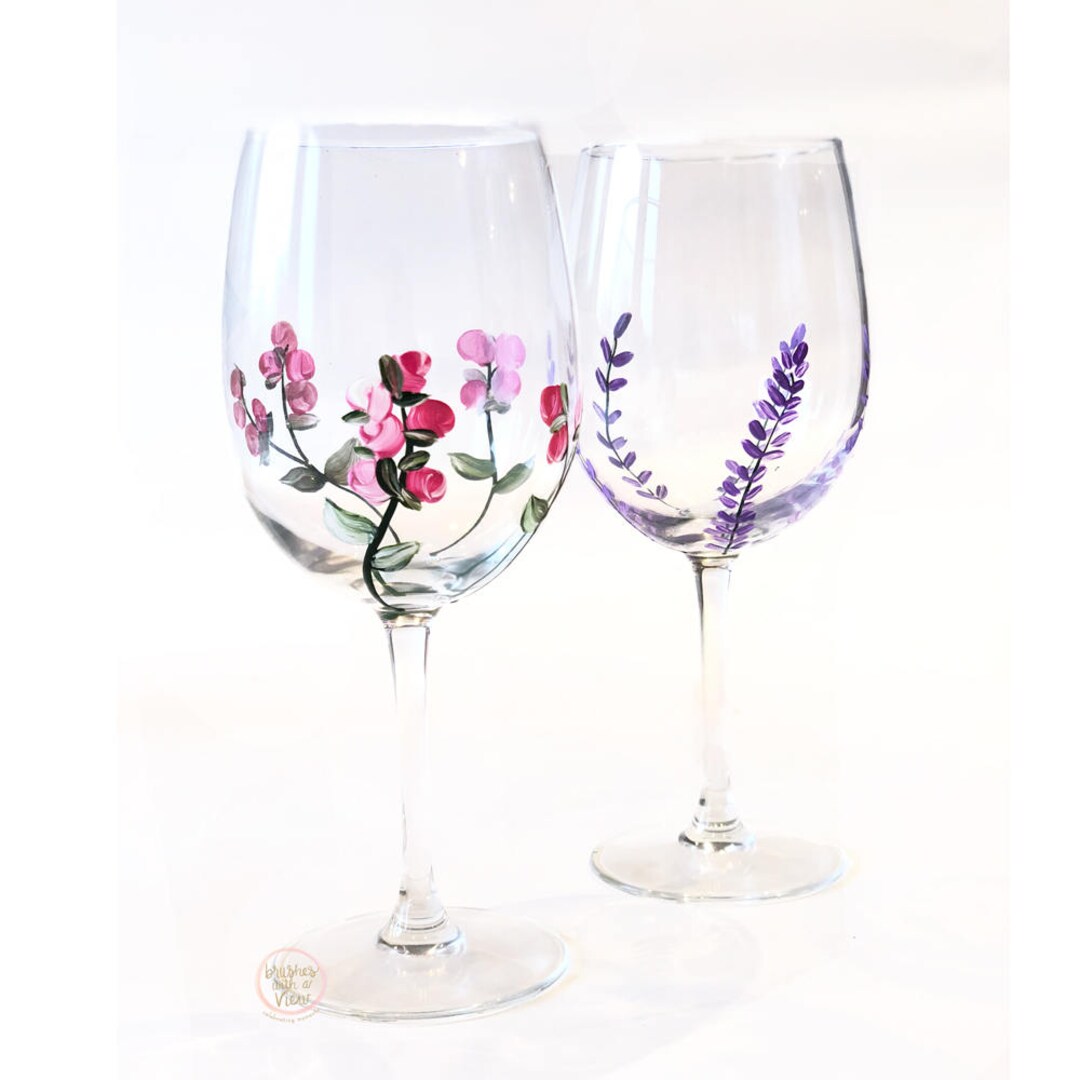 Flower Painted Wine Glasses, Lavender Flowers and Pink Rose Buds, Set