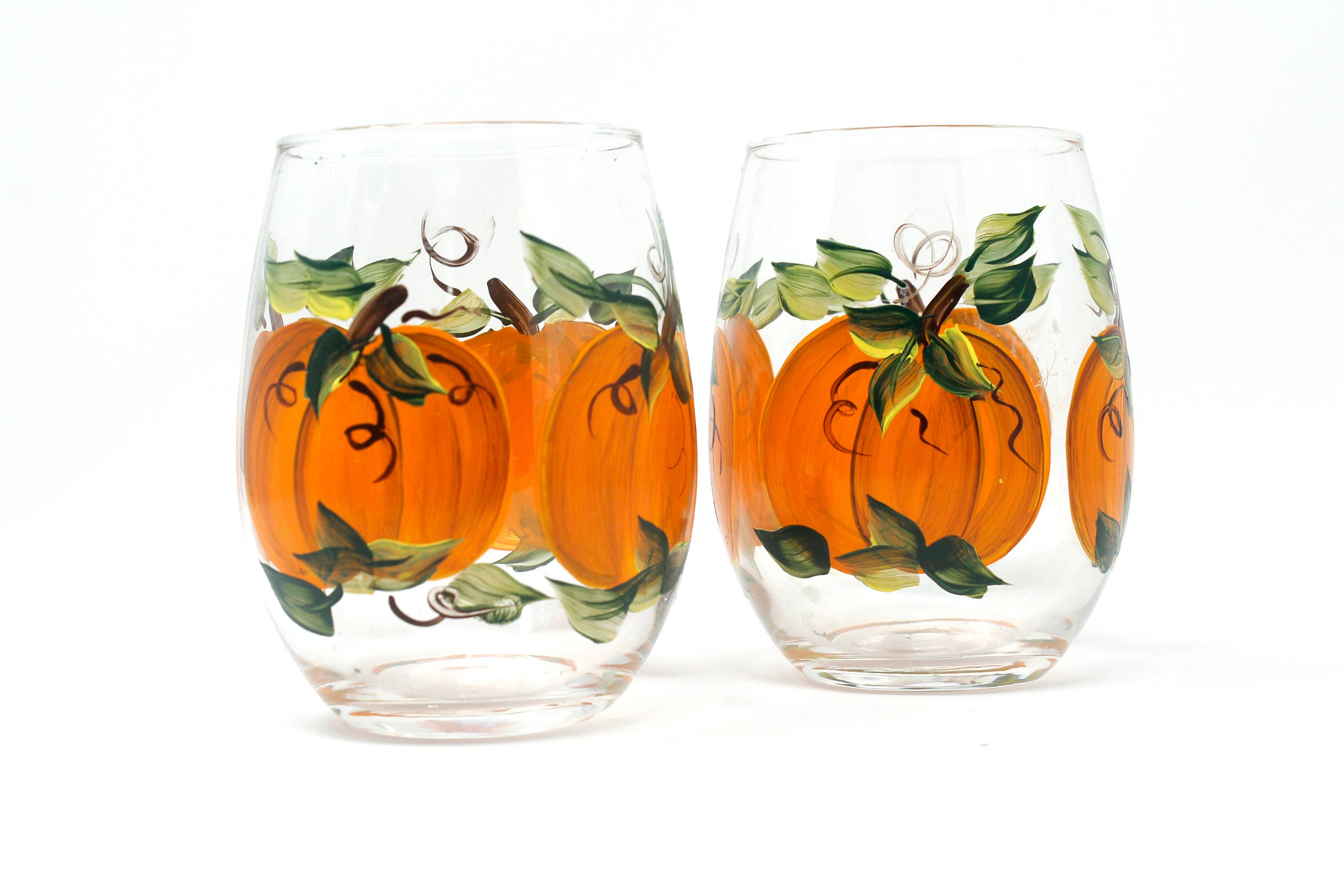 Fall Wine Glasses Pumpkin Hand Painted Stemless Wine Glasses Etsy