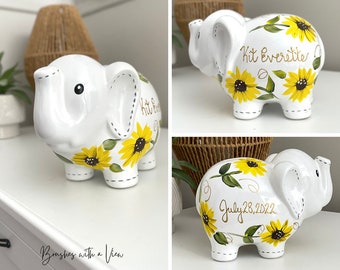 Personalized Sunflower Elephant Piggy Bank, Hand Painted Piggy Bank for Girls, Baby Shower Gift 1st Birthday Gift for Baby Girl, Baby Girl