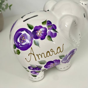 Hand Painted Elephant Piggy Bank with Purple Flowers, 1st Birthday Gift For Baby Girl, Personalized Piggy Bank for Girls Boho Decor image 3