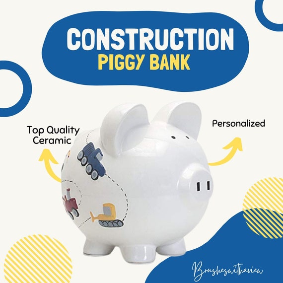Personalized Construction Piggy Bank For Boys -  1st Birthday Gift for Baby Boy - Dump Truck and Construction Equipment Coin Bank - Baptism