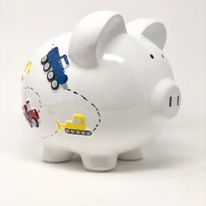 Personalized Construction Piggy Bank For Boys - 1st Birthday Gift for Baby Boy - Dump Truck and Construction Equipment Coin Bank - Baptism Bild 5