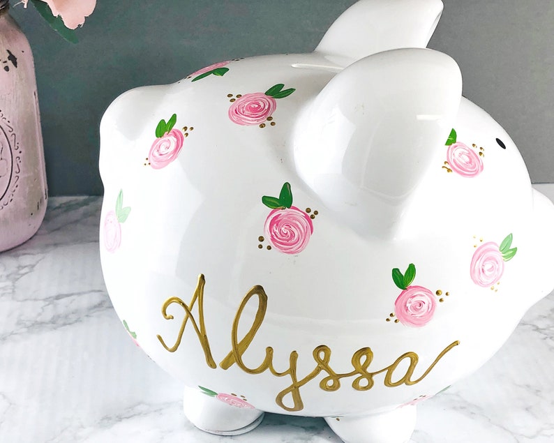 Piggy Bank for Girls Personalized Piggy Bank Girls Baby Girl Gift 1st Birthday Gift Large Hand Painted Piggy Bank Floral image 5