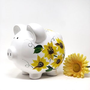 Hand Painted Sunflower Piggy Bank for Girls, Custom Hand Painted Piggy Bank, Piggy Bank for Girls, Baby Shower Gift, Large bank image 3