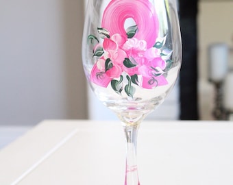 Breast Cancer Survivor Gift | Hand Painted Wine Glass with Pink Roses | Breast Cancer Survivor Pink Ribbon | Stemmed or Stemless Wine