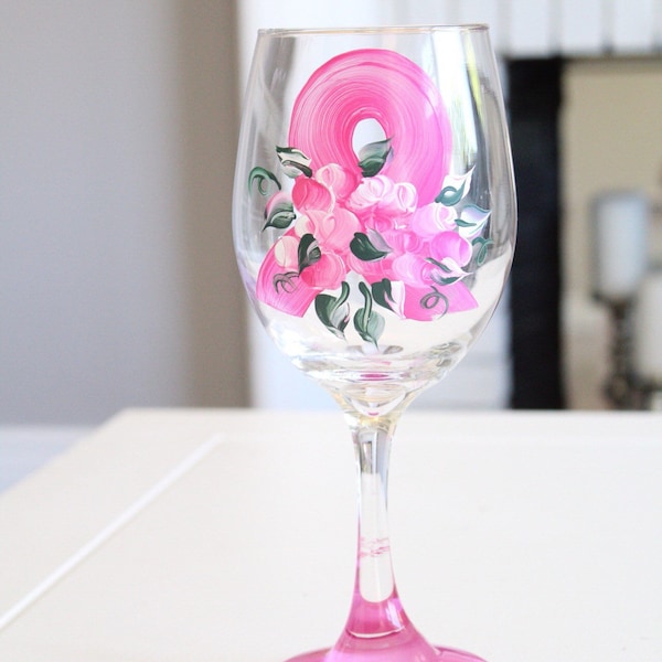 Breast Cancer Survivor Gift | Hand Painted Wine Glass with Pink Roses | Breast Cancer Survivor Pink Ribbon | Stemmed or Stemless Wine