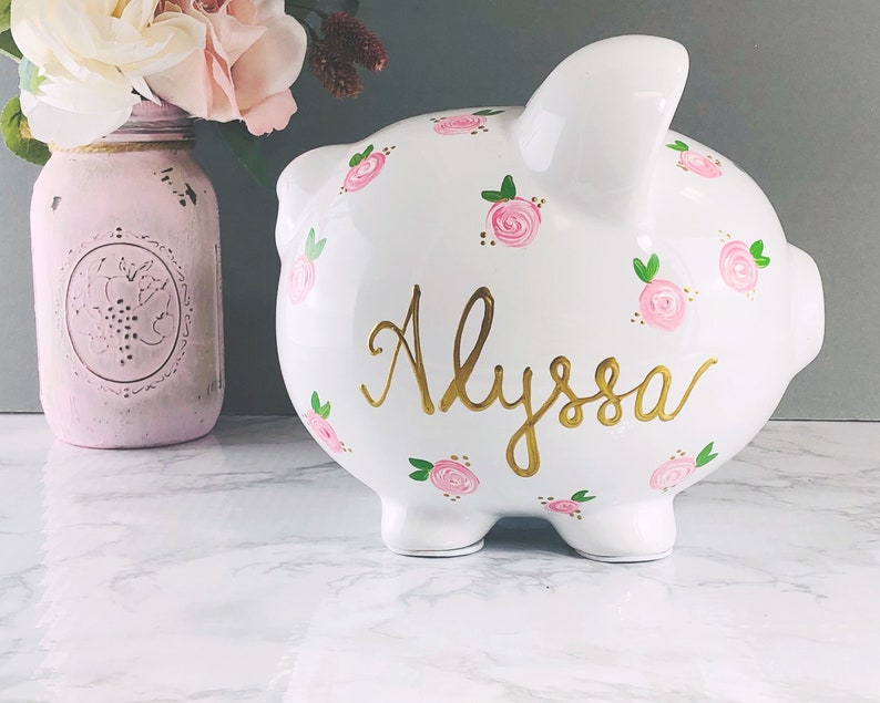 Piggy Bank for Girls Personalized Piggy Bank Girls Baby Girl Gift 1st Birthday Gift Large Hand Painted Piggy Bank Floral image 2