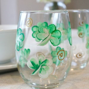 Shamrock Wine Glasses | Irish Wine Glasses | St. Patricks Day Decor | Green Shamrock Clover Wine Glasses | Set of 2-15 oz. Hand Painted