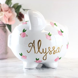 Piggy Bank for Girls Personalized Piggy Bank Girls Baby Girl Gift 1st Birthday Gift Large Hand Painted Piggy Bank Floral image 1
