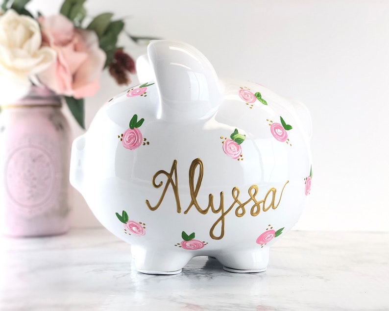 Piggy Bank for Girls Personalized Piggy Bank Girls Baby Girl Gift 1st Birthday Gift Large Hand Painted Piggy Bank Floral image 1