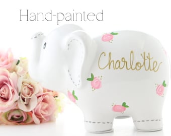 Personalized White Elephant Piggy Bank, Hand Painted Piggy Bank for Girls, Baby Shower Gift 1st Birthday Gift for Baby Girl, Baby Girl