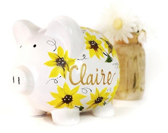 Hand Painted Sunflower Piggy Bank for Girls, Custom Hand Painted Piggy Bank, Piggy Bank for Girls, Baby Shower Gift, Large bank