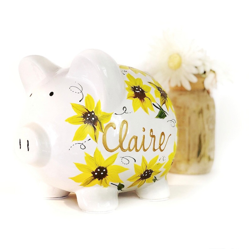 Hand Painted Sunflower Piggy Bank for Girls, Custom Hand Painted Piggy Bank, Piggy Bank for Girls, Baby Shower Gift, Large bank image 1