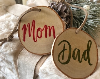 Personalized Christmas Stocking Tags - Rustic Holiday Decor - Modern Christmas - Tree Slice Custom Tag - Hand Lettering in Color of Choice