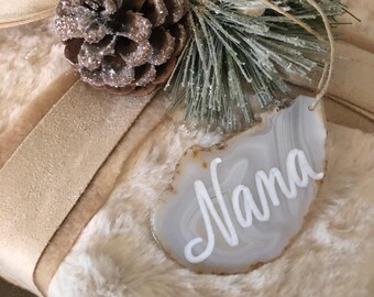 Stocking Tags - Personalized Agate Slice Holiday Decor - Natural Stone Slice 2-3" Size - White, Gold, Dark Gray or Black Ink - Natural Cord