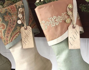 Traditional Christmas - Vintage White Holiday Stocking Tags - Personalized Hand Calligraphy in White on Walnut Stained Tag - Jute Tie