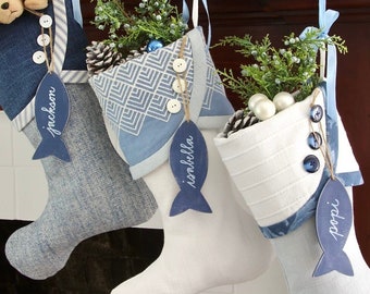 Lake House Christmas Stocking Tags - Personalized for A Coastal Holiday-5.5" Distressed Blue Fish-Names in White Hand Calligraphy - Jute Tie