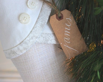 Traditional Christmas - Vintage White Christmas Stocking Tags - Personalized Hand Calligraphy in White on Walnut Stained Tag - Jute Tie
