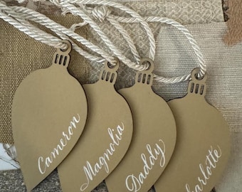 Neutral Christmas Stocking Tags - Classic Copperplate Calligraphy Personalized White on Light Camel Wooden Tree Light Tags - White Cord Tie