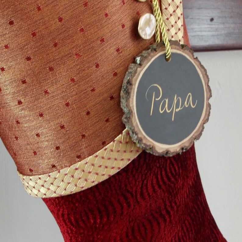 Christmas Stocking Tag Traditional Christmas Personalized Wooden Tree Slice Stocking Tags with Hand Calligraphy in Gold with Gold Tie image 6