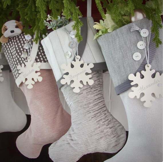 Modern Christmas Stocking Tag - Personalized 4 or 5” White or Blue Snowflakes with Name In Silver or Gold with Silver or Gold Cord Tie