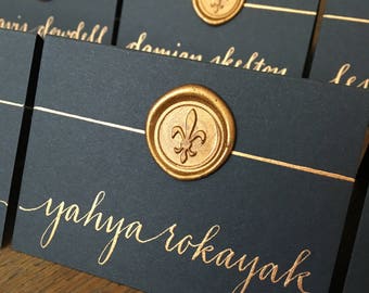 Wedding Name Place Cards  / Escort Cards / Buffet Table Cards  Hand Calligraphy - Fleur-de-lis Wax Seal - Vintage Inspired