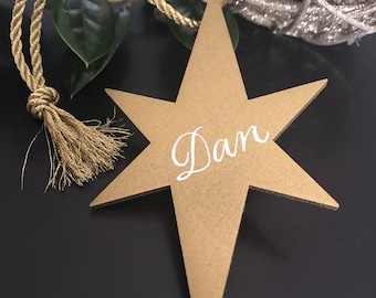 Gold or Silver Holiday Decor - Christmas Stocking Tags, Personalized Wooden Star Name Tags - Gold/Silver Cord Tie -  Name in Black/Silver