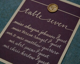 Seating Chart - Personalized Wedding Calligraphy - Gold Calligraphy Ink and Wax Seal in Design of Choice - Pricing Starting At: