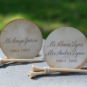 Hand Calligraphy on Tea Stained Circular Escort Cards - Wedding Place Cards - Personalized - Golf Tee Holders Also Available @ 3.00 each