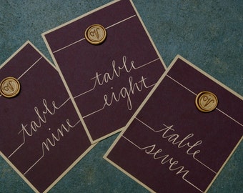 Wedding Table Numbers with Wax Seal - Double Backed in Gold - Colors of Choice and Wax Seal Design of Choice - Custom Hand Calligraphy