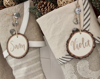 Christmas Stocking Tags - Rustic Holiday Decor - Personalized Tree Slice Stocking Tags in Neutral Colors with Modern Style Hand Calligraphy