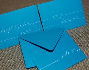 DEPOSIT: Balance due for Caroline -49 Escort Cards/Mini Envelopes in Moss - Hand Calligraphy in White - 5 Table Number Cards