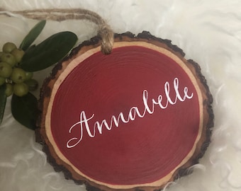 Christmas Stocking Tag - Traditional Christmas - Personalized Wooden Tree Slice Stocking Tags with Hand Calligraphy in White with Jute Tie