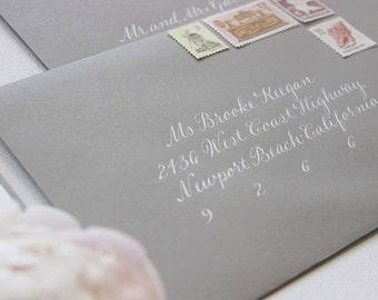 Wedding Calligraphy Envelope Addressing in White Ink - Escort Cards, Buffet Cards & Table Numbers Also Available - "The Jacqueline Style"