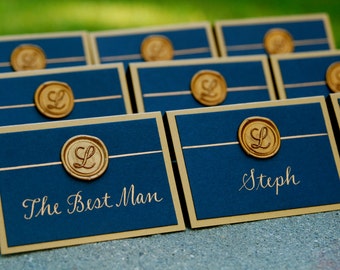 Navy and Gold Calligraphy Place Cards - Double Backed with Gold Wax Seal in Monogram, Fleur-de-lis, Oak Tree, Cross, Compass or Anchor