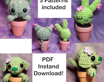 Crochet PDF pattern cactus pets kitty catctus, bunny cactus, puppy cactus