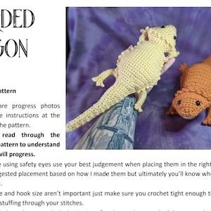 May include: Two crocheted bearded dragon plushies, one yellow and one orange, are shown against a purple background. The text "BEARDED DRAGON" is at the top of the image. The text "Notes on this pattern" is below the image of the plushies. The text below the heading includes instructions for crocheting the plushies.