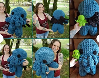 May include: Handmade blue crochet creature with black accents and tentacles. The image also shows a smaller green crochet creature. The text "Five Points Elements Magical Menagerie" is visible.