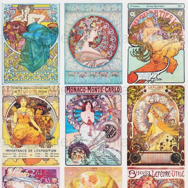 Download~Mucha Posters Art Nouveau~9 Printable Images - Scrapbooking - Collage - Gift Tags - Cards - Magnets