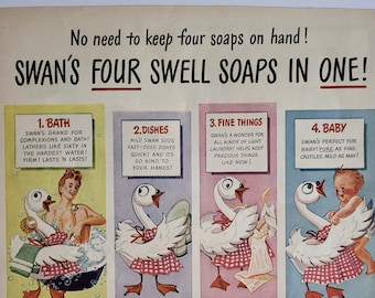 Swan Soap Ad Original 1940's Vintage Magazine Ad~Nursery/Bathroom Decor~Ready To Frame
