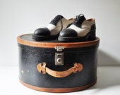 Reserved for Lynley. Vintage Leather Hat Box - Midcentury Luggage - With Hotel Travel Sticker