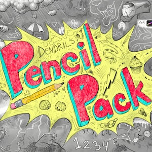 May include: A cartoon illustration featuring the text "Dendril's Pencil Pack" in red and teal, within a yellow burst. The image includes a pencil, doodles, and the words "For Procreate". The background is in shades of grey.