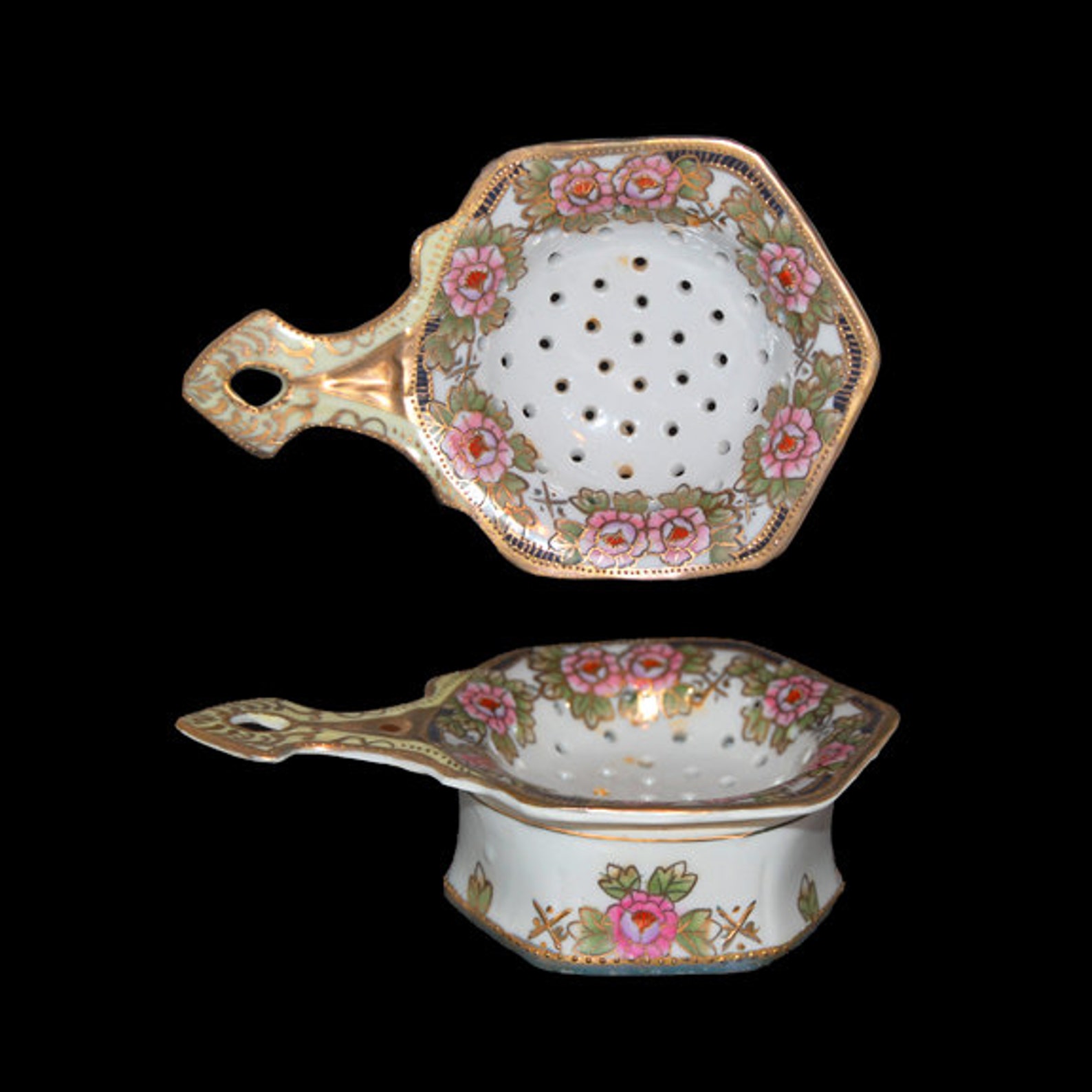 Vintage Porcelain Floral and Heavy Gold Trim Tea Strainer and Etsy
