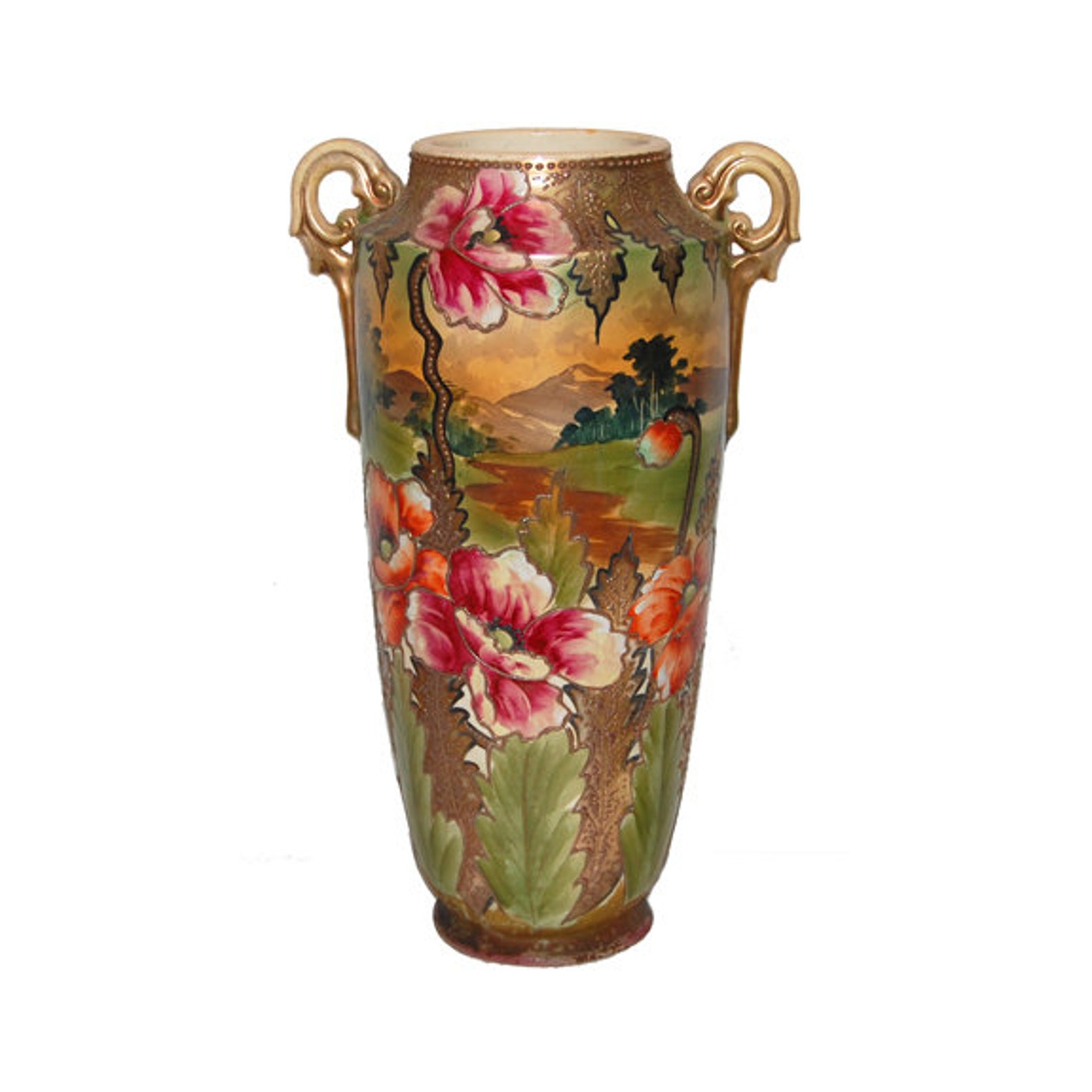 RARE Nippon Hand Painted Scenic and Floral Handled Vase Etsy