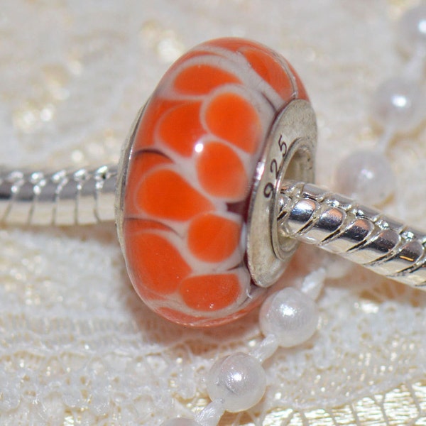 Orange Lotus Flower Authentic Handmade Murano Glass Bead Sterling Silver Core .925 For European Style Bracelets